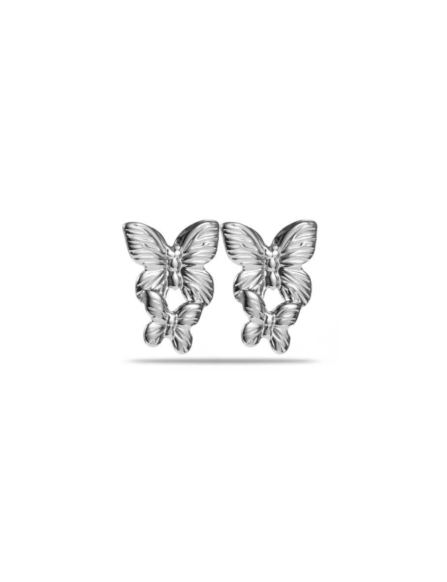 Boucles D'oreilles Rétro Papillons En Résine Brun Argenté - Percées, Parfait état - Occasion