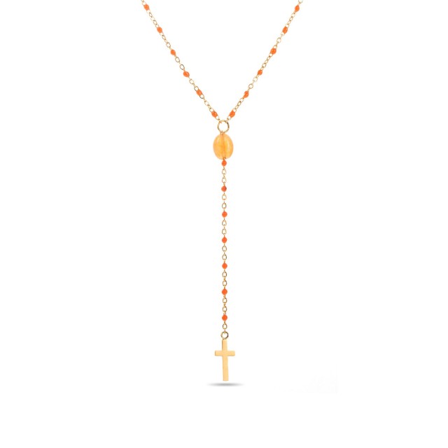 Collier Croix Pendante avec Perles Pierre :Agate Orange