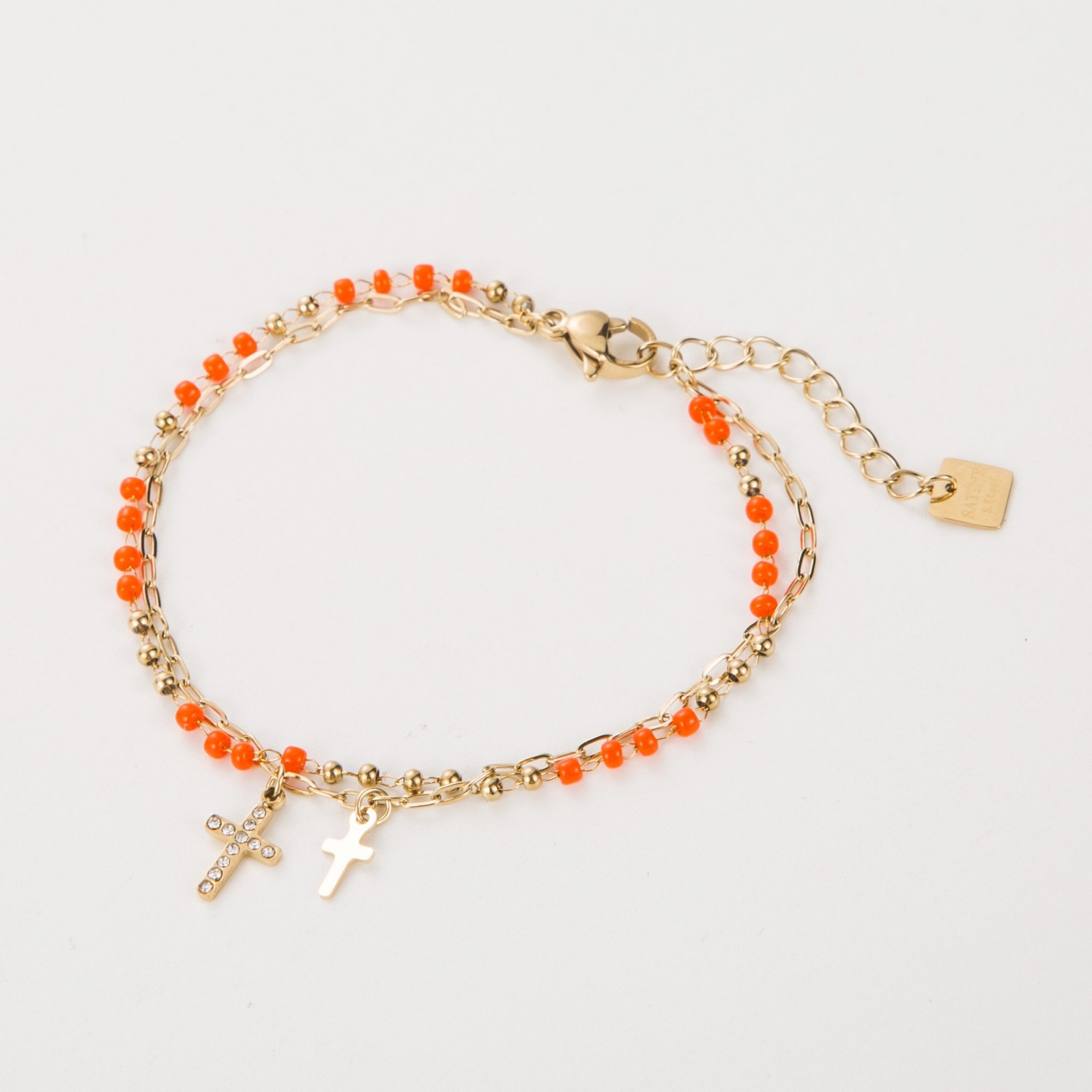 Bracelet Double Rang Pendentif Croix Strassée et Perles de Couleurs Couleur:Orange
