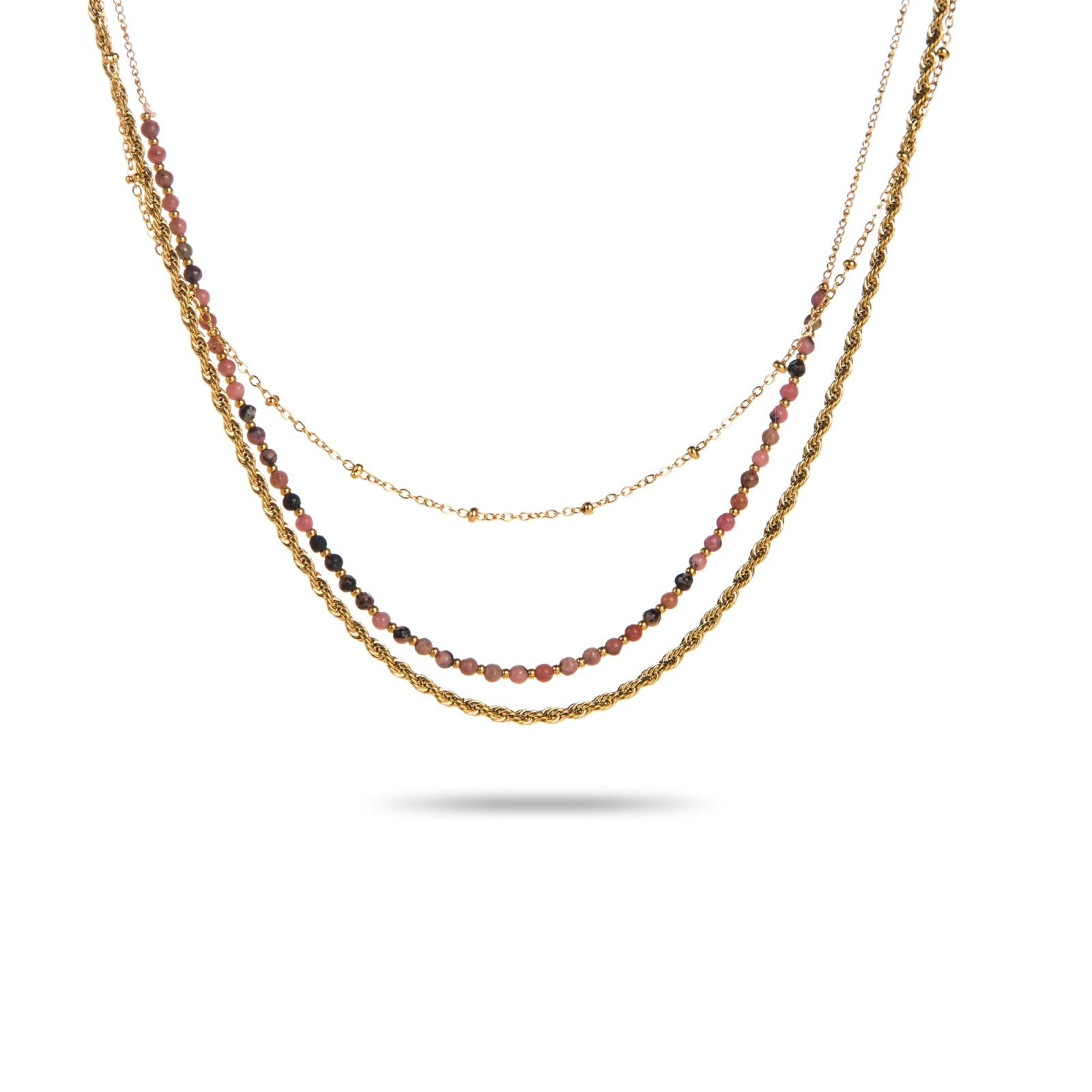 Collier Multirang Fin avec Perles de Pierre Pierre :Rhodonite