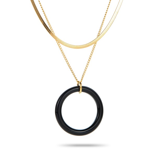 Double-Row Necklace with Colored Ring Color:Black