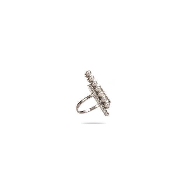 Pearl and Strass Baguette Ring Color:Silver