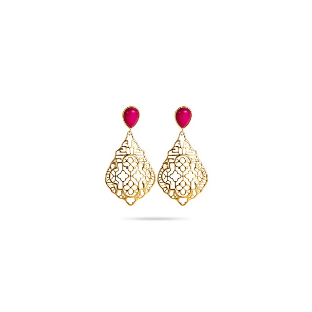 Oriental-inspired Dangling Earrings with Natural Stone  Stone:Fuchsia Pink Agate