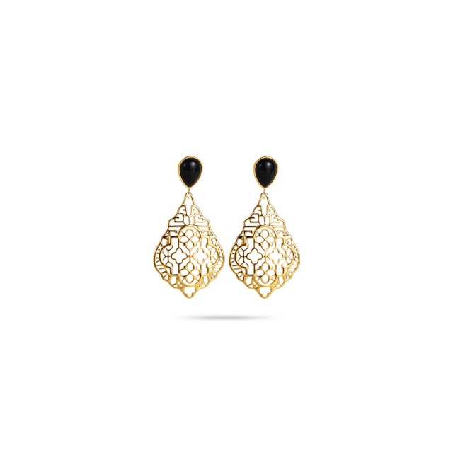 Oriental-inspired Dangling Earrings with Natural Stone  Stone:Onyx