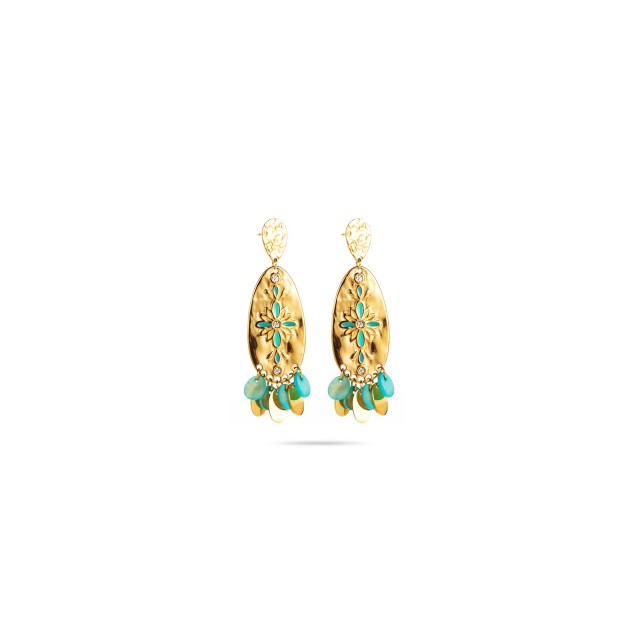 Oval Earrings with Flower Design and Colorful Mother-of-Pearl Pendants Color:Blue