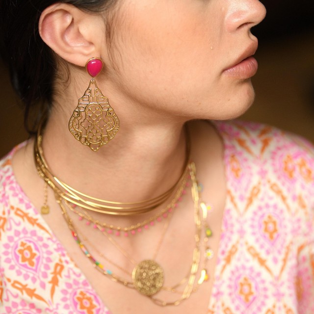 Oriental-inspired Dangling Earrings with Natural Stone  