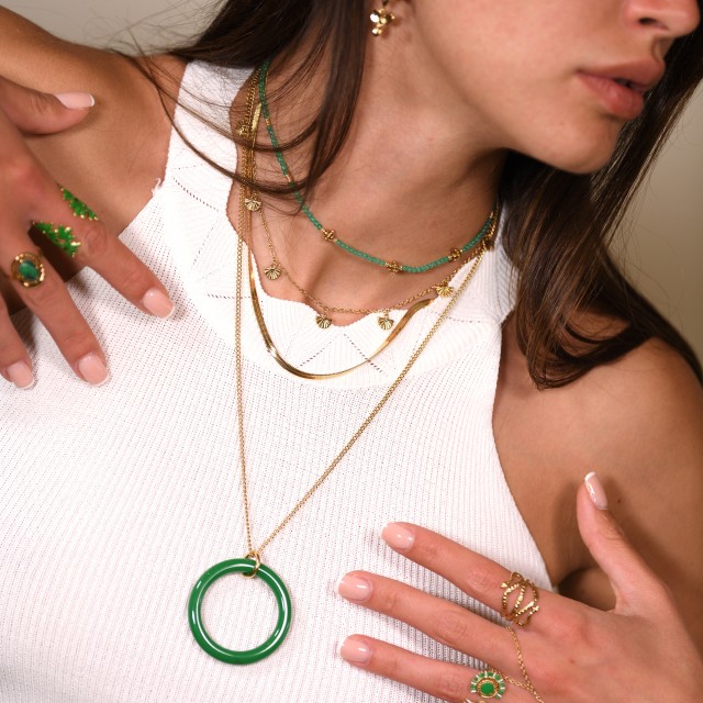 Double-Row Necklace with Colored Ring 