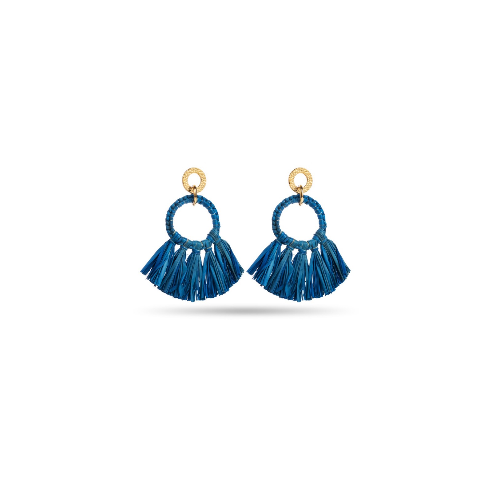 Boucles d'Oreilles Cercles en Raphia avec Tresses Couleur:Bleu