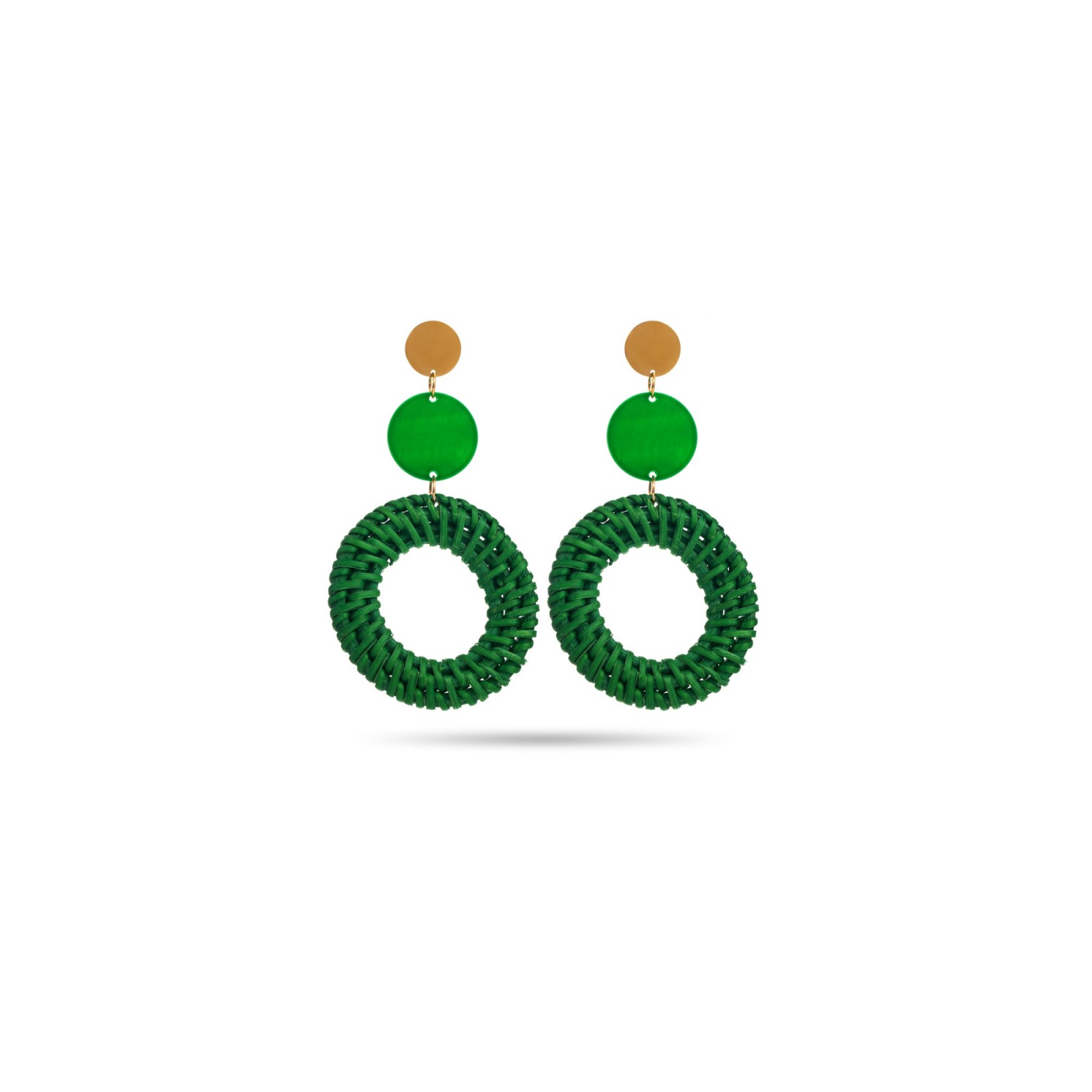 Boucles d'Oreilles Raphia Nacre Cercle de Raphia Tressé Couleur:Vert