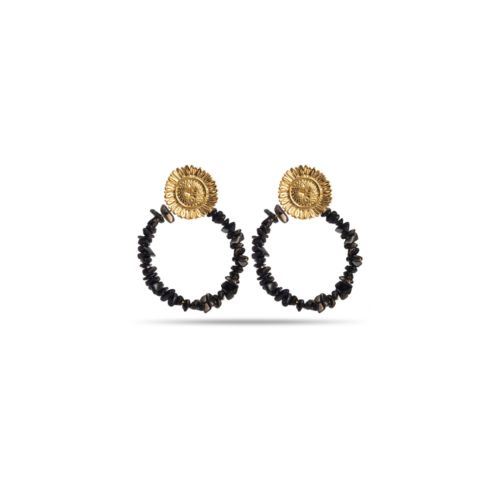 Sunflower Stone Hoops Earrings Stone:Onyx