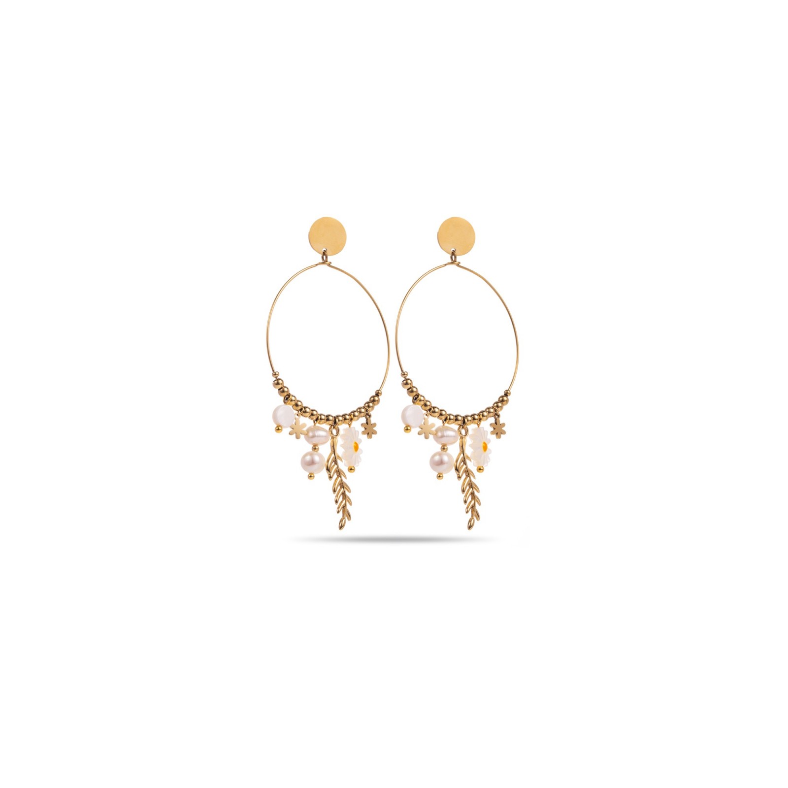 Marguerite and Pearl Hoops Earrings Color:White