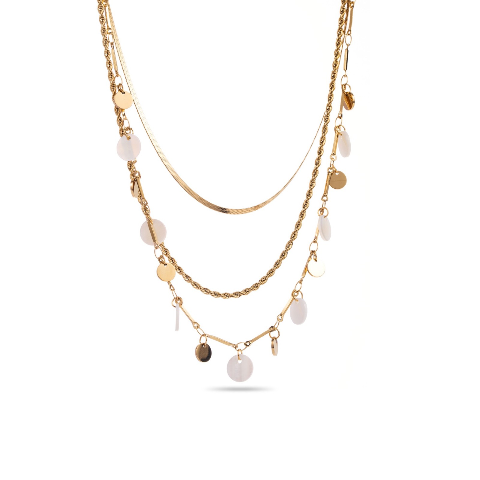 Multi-Row Necklace with Colored Mother-of-Pearl Tassel Color:White