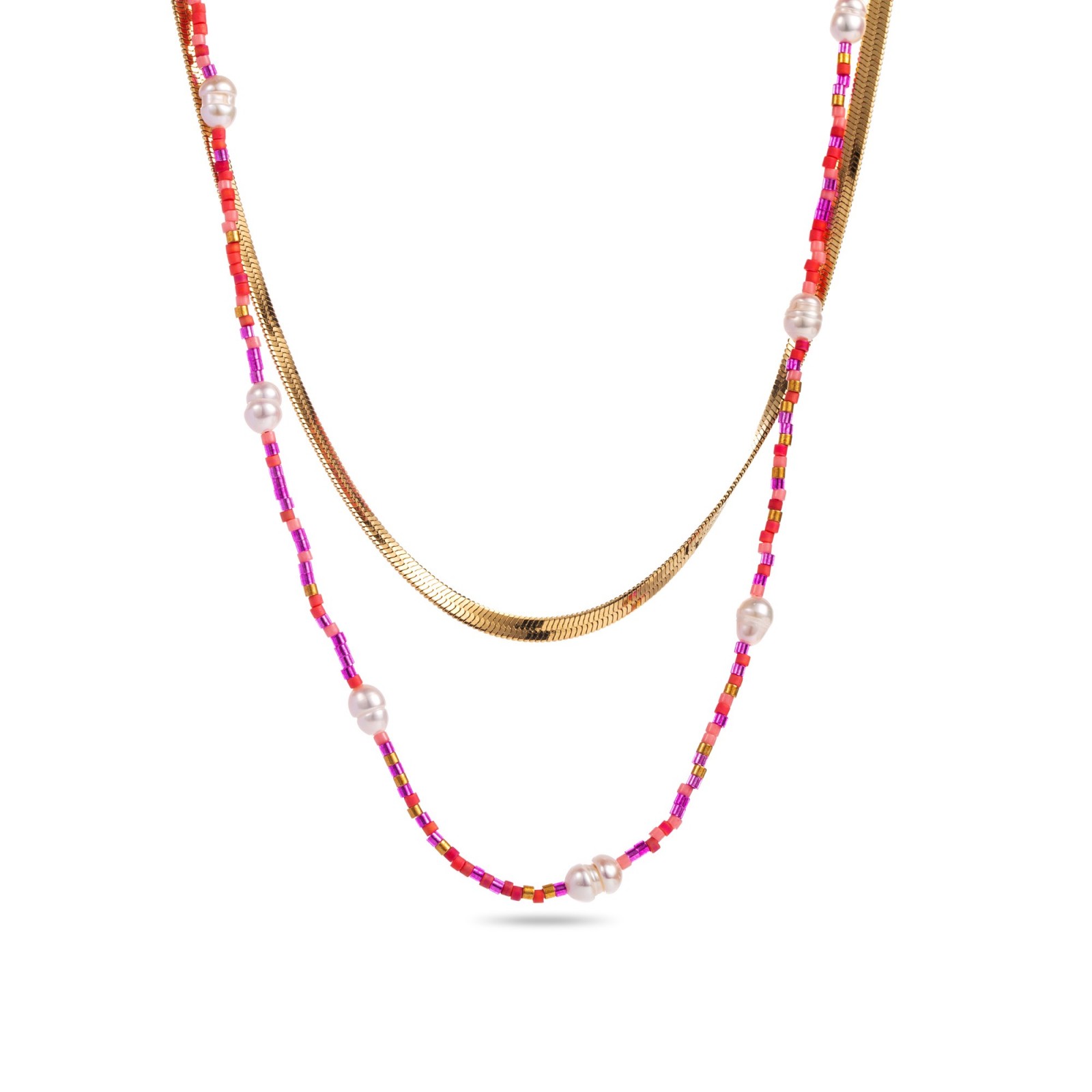 Multirang Necklace with Mother-of-Pearl and Miyuki Color:Fuchsia Pink