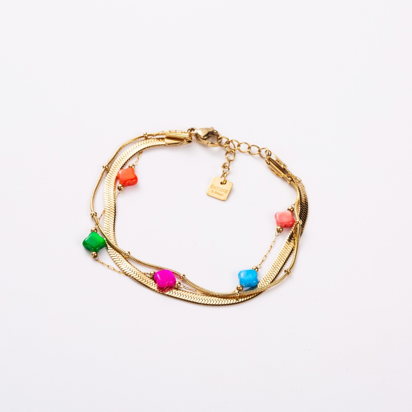 Triple-Row Bracelet with Colored Clover Mother-of-Pearl  Color:Multi-Color