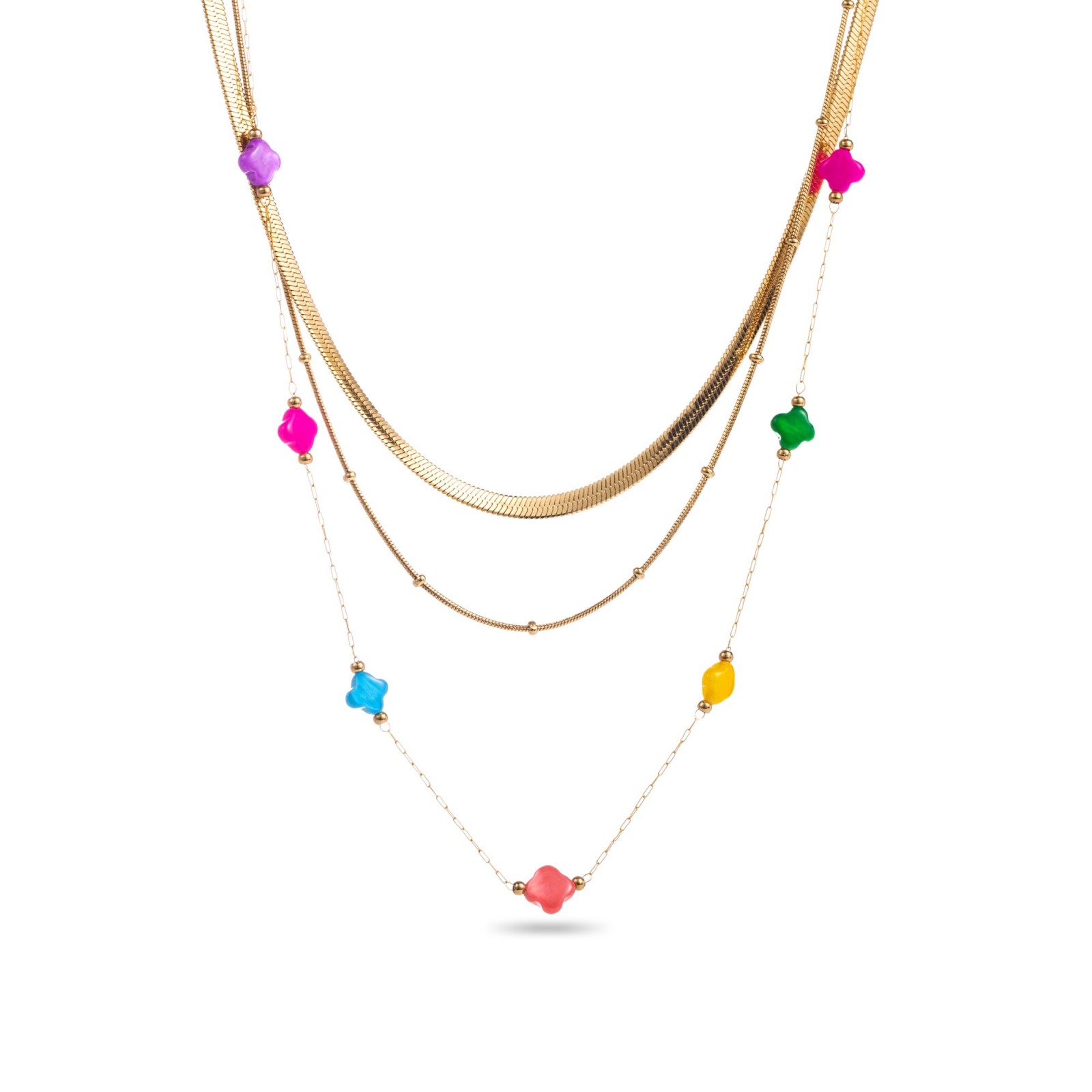 Multi Rows Necklace with Colored Nacre Clover Color:Multi-Color