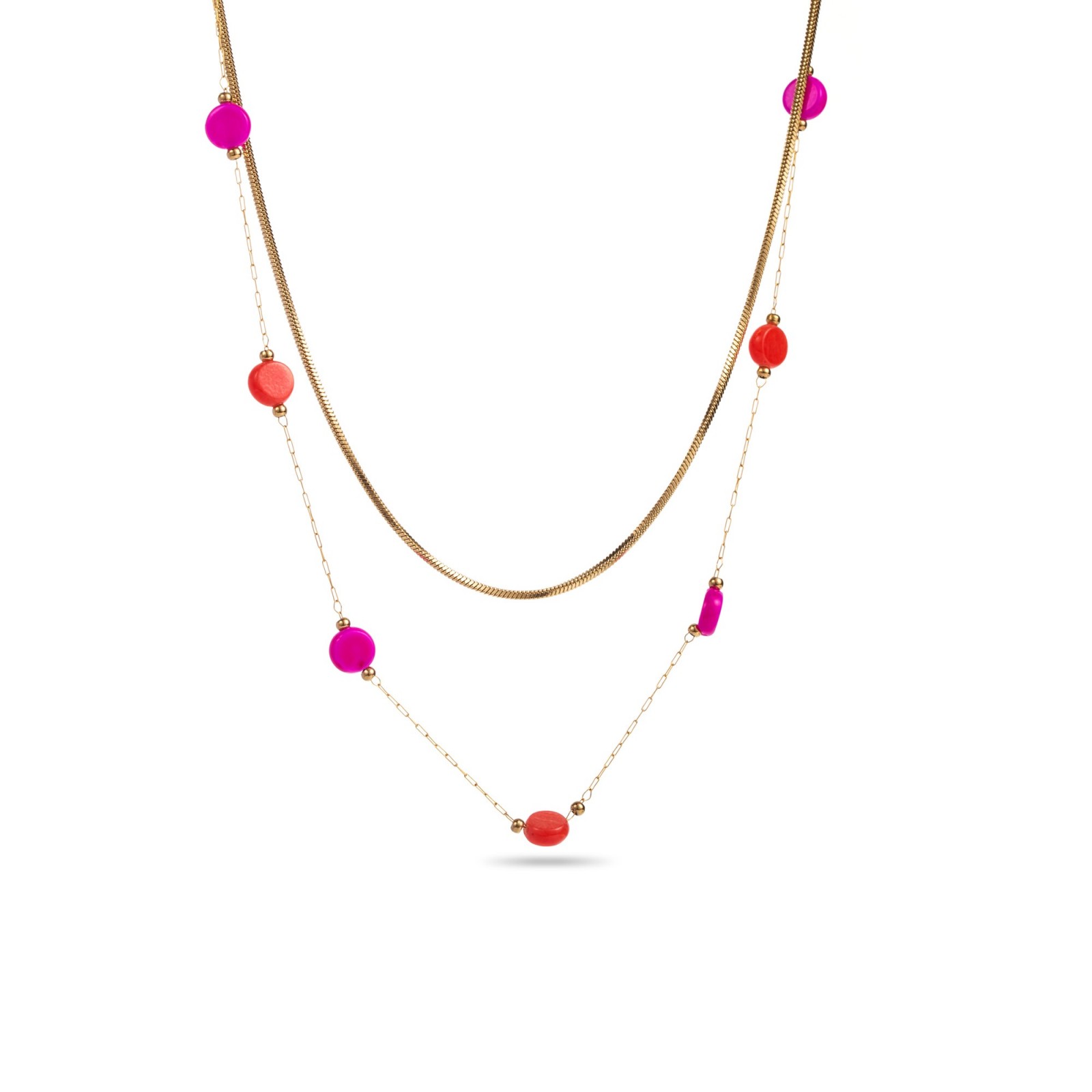 Collier Double-Rang avec Perles de Nacre Colorée Couleur:Rose Fuchsia