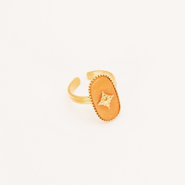 Large Ring with Oval Stone and Sun Details Stone:Orange Agate