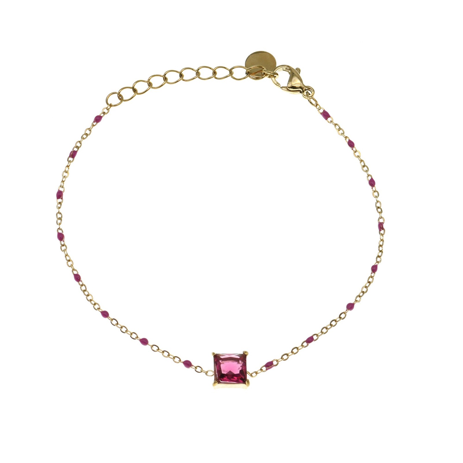 Bracelet Pendentif à Strass Carré et Perles Couleur:Rose Fuchsia