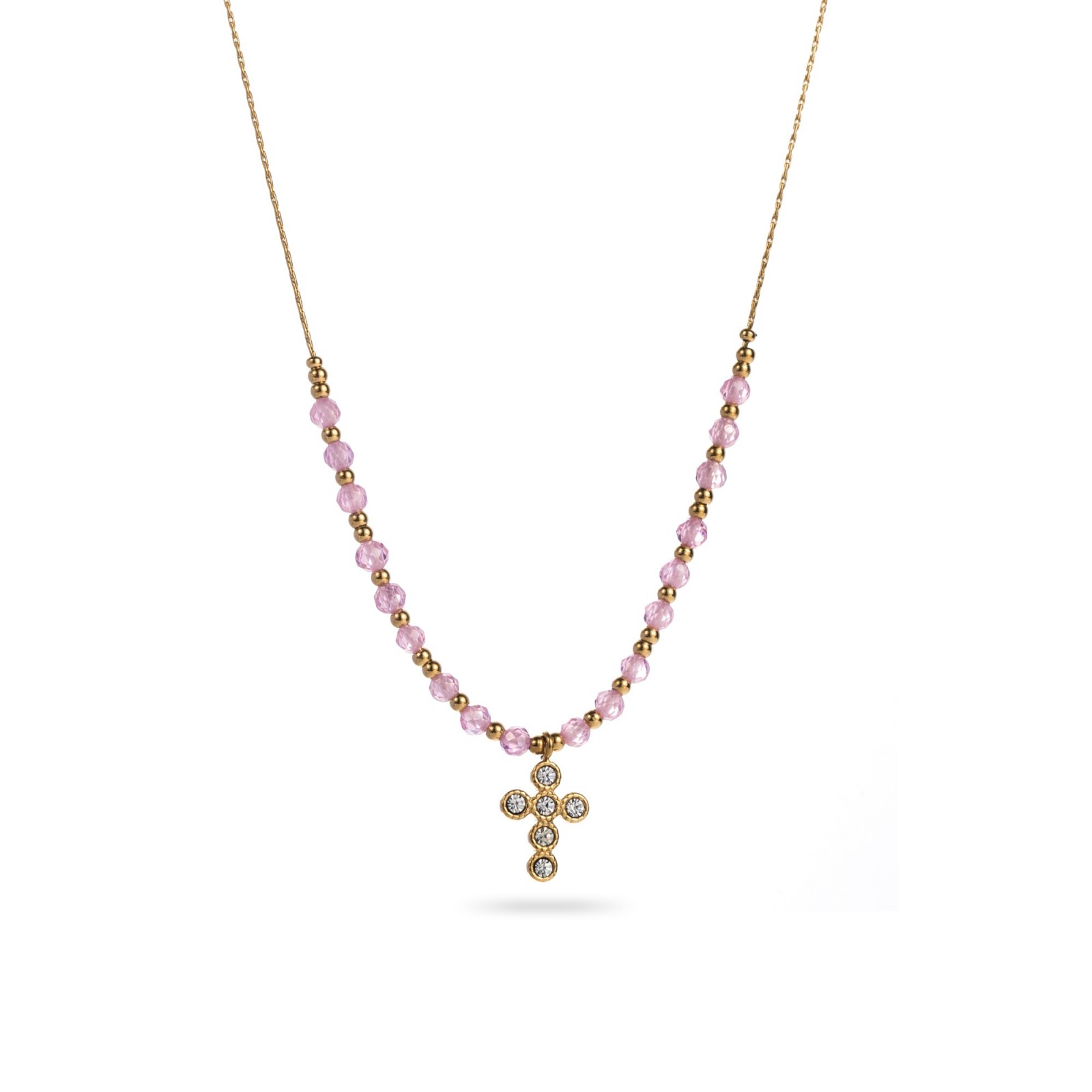Cross Necklace with Colored Glass Pearls Color:Pink