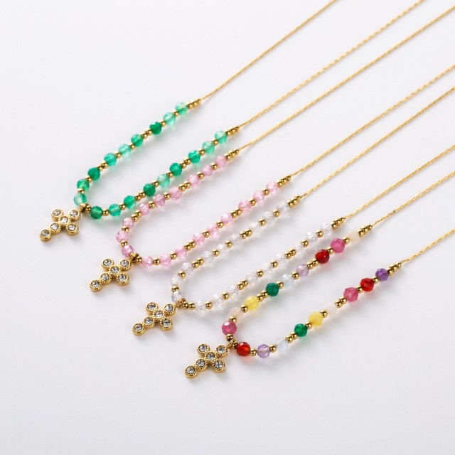 Cross Necklace with Colored Glass Pearls 