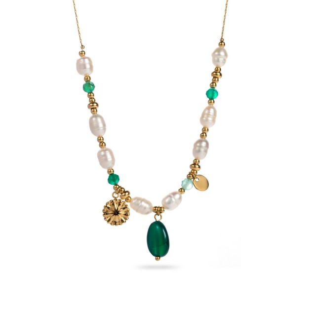 Freshwater Pearl Necklace with Daisy Pendant Color:Green