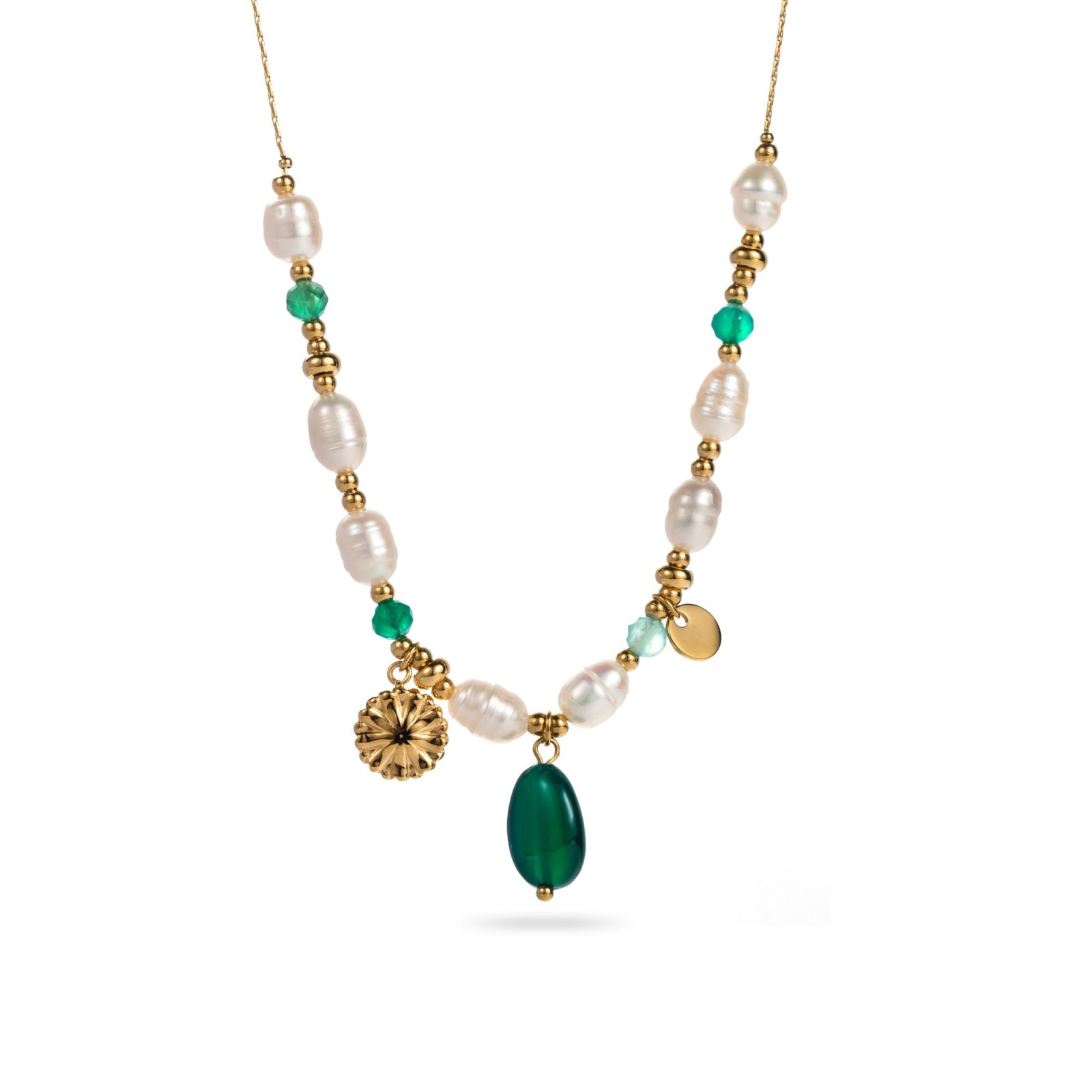 Collier Perles d'Eau Douce avec Pampille Marguerite Couleur:Vert