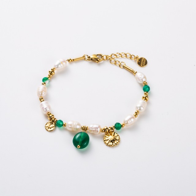 Bracelet Perles d'Eau Douce avec Pampille Marguerite Couleur:Vert
