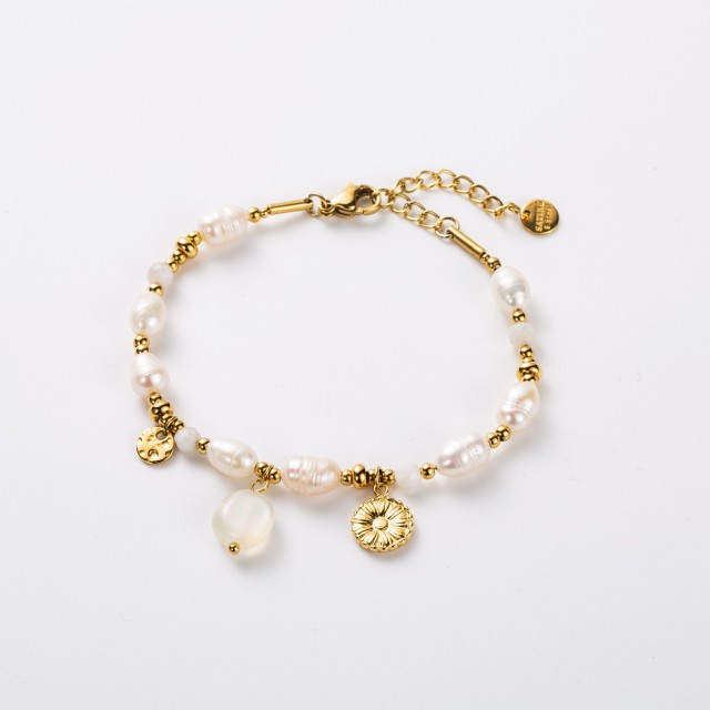 Bracelet Perles d'Eau Douce avec Pampille Marguerite Couleur:Blanc