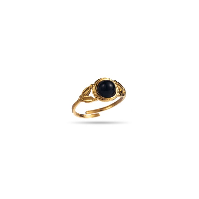 Round Stone Ring with Leaf Details Stone:Black Onyx