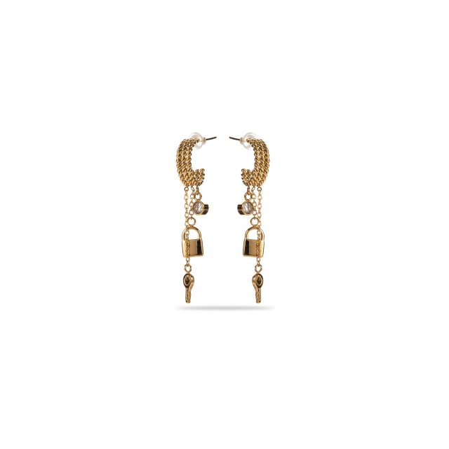 Key and Twisted Huggie Earrings Color:Gold