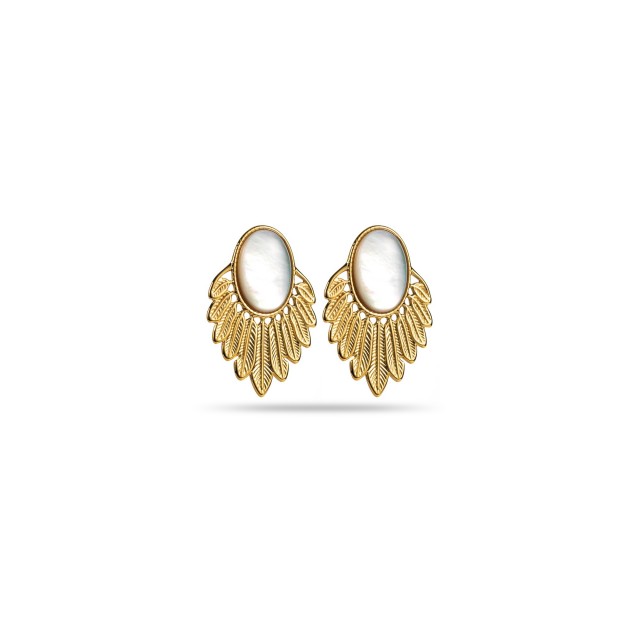 Oval Stone and Feather Ethnic Earrings Stone:Nacre