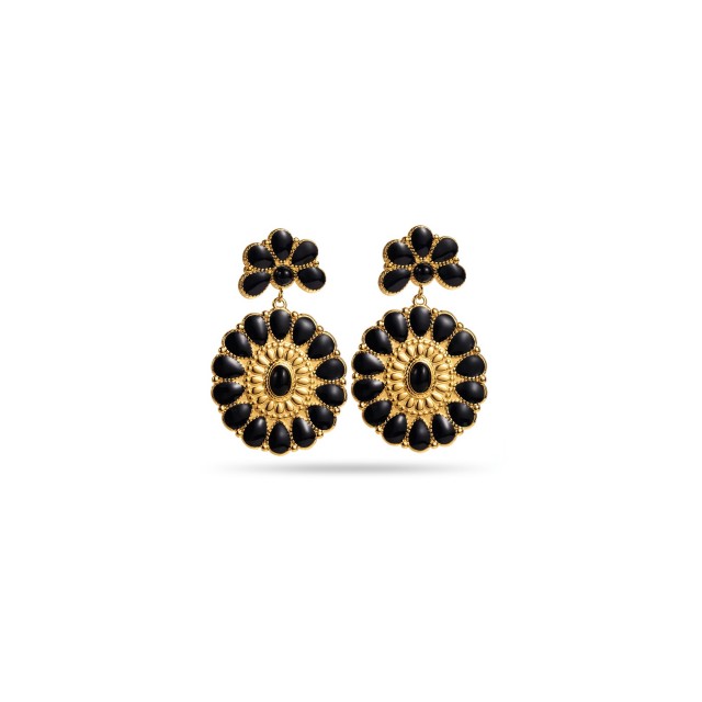 Coloured Floral Rosette Hanging Earrings Stone:Onyx
