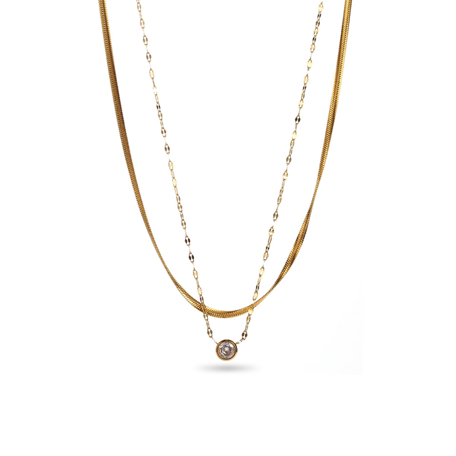 Round Strass and Snake Double Chain Pendant Necklace Color:Gold