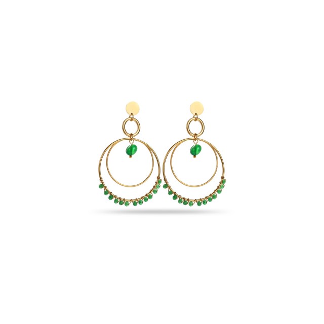 Boucles d'Oreilles Double Créoles et Mini Perles de Pierre Pierre :Agate Verte