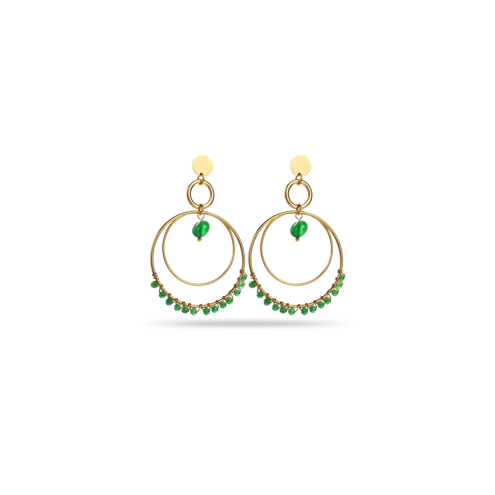 Boucles d'Oreilles Double Créoles et Mini Perles de Pierre Pierre :Agate Verte