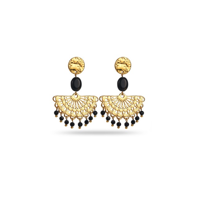 Demi-Rosace and Stone Pearls Pendant Earrings Stone:Onyx