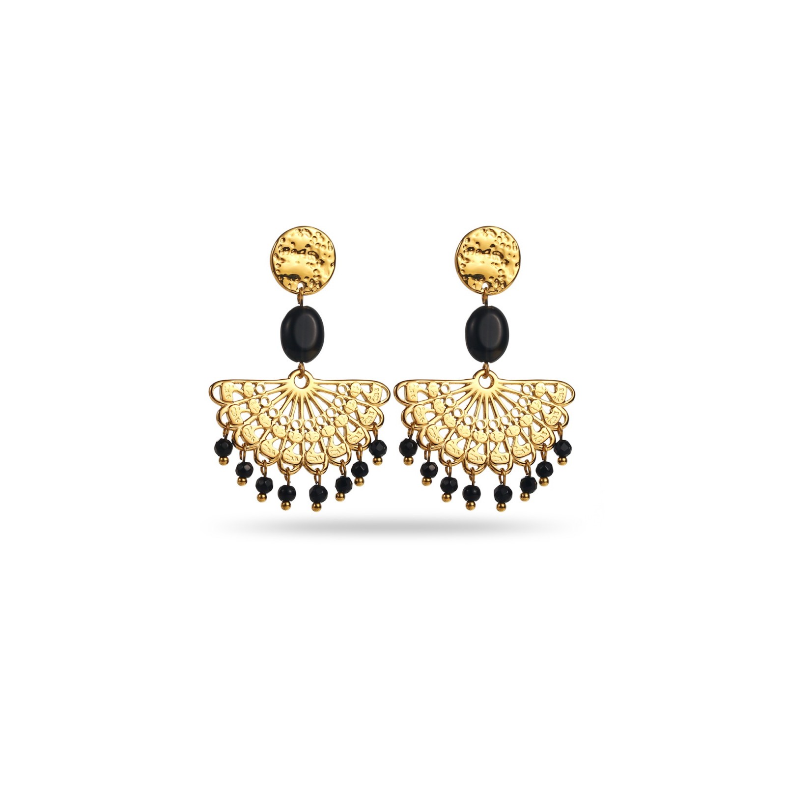 Demi-Rosace and Stone Pearls Pendant Earrings Stone:Onyx