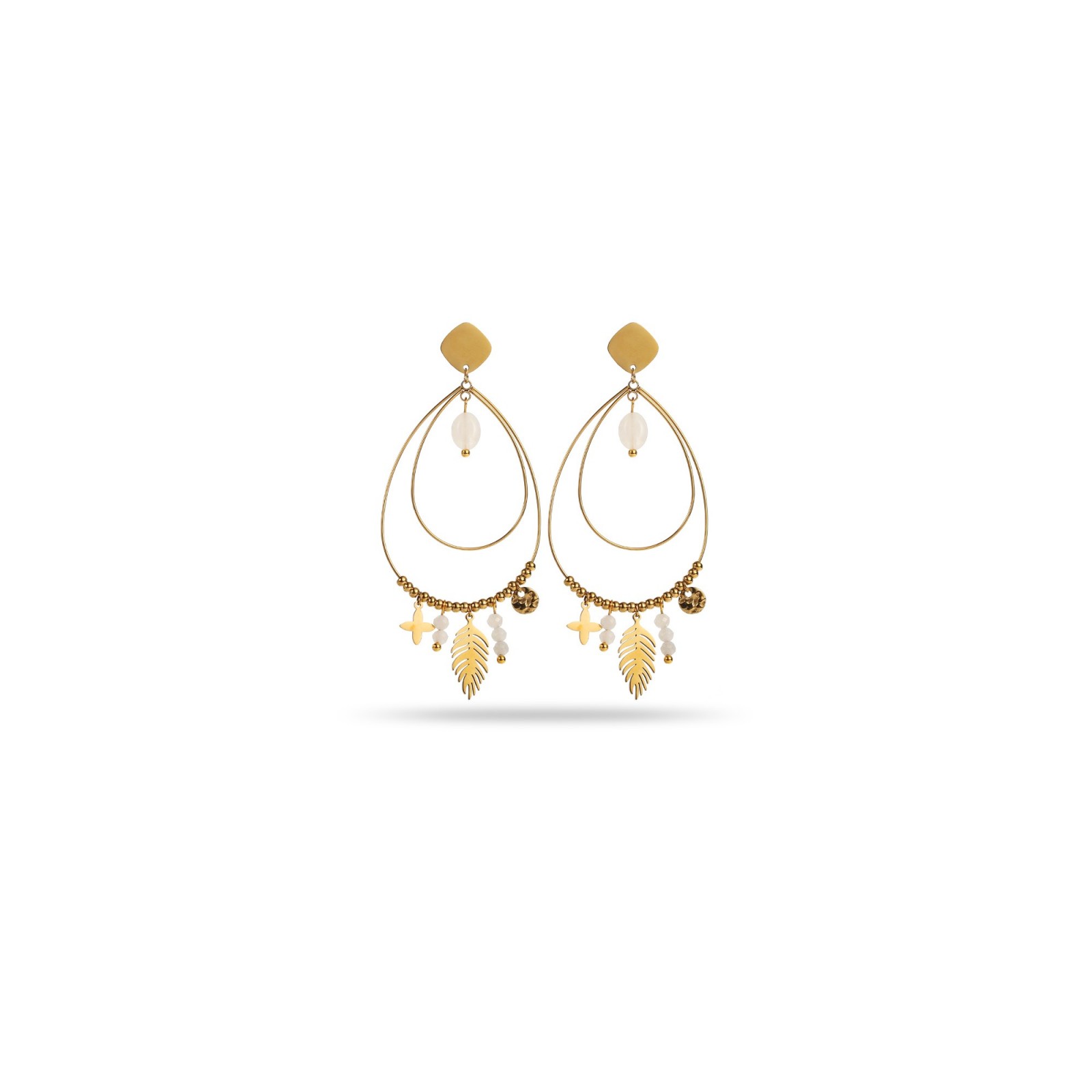 Hoops Earrings with Palm Leaf Pendant Stone:White Agate