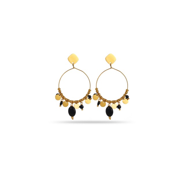 Stone and Steel Pearls Hoops Earrings Stone:Onyx