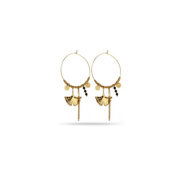 Hoops Earrings with Gingko and Steel Beads Stone:Onyx