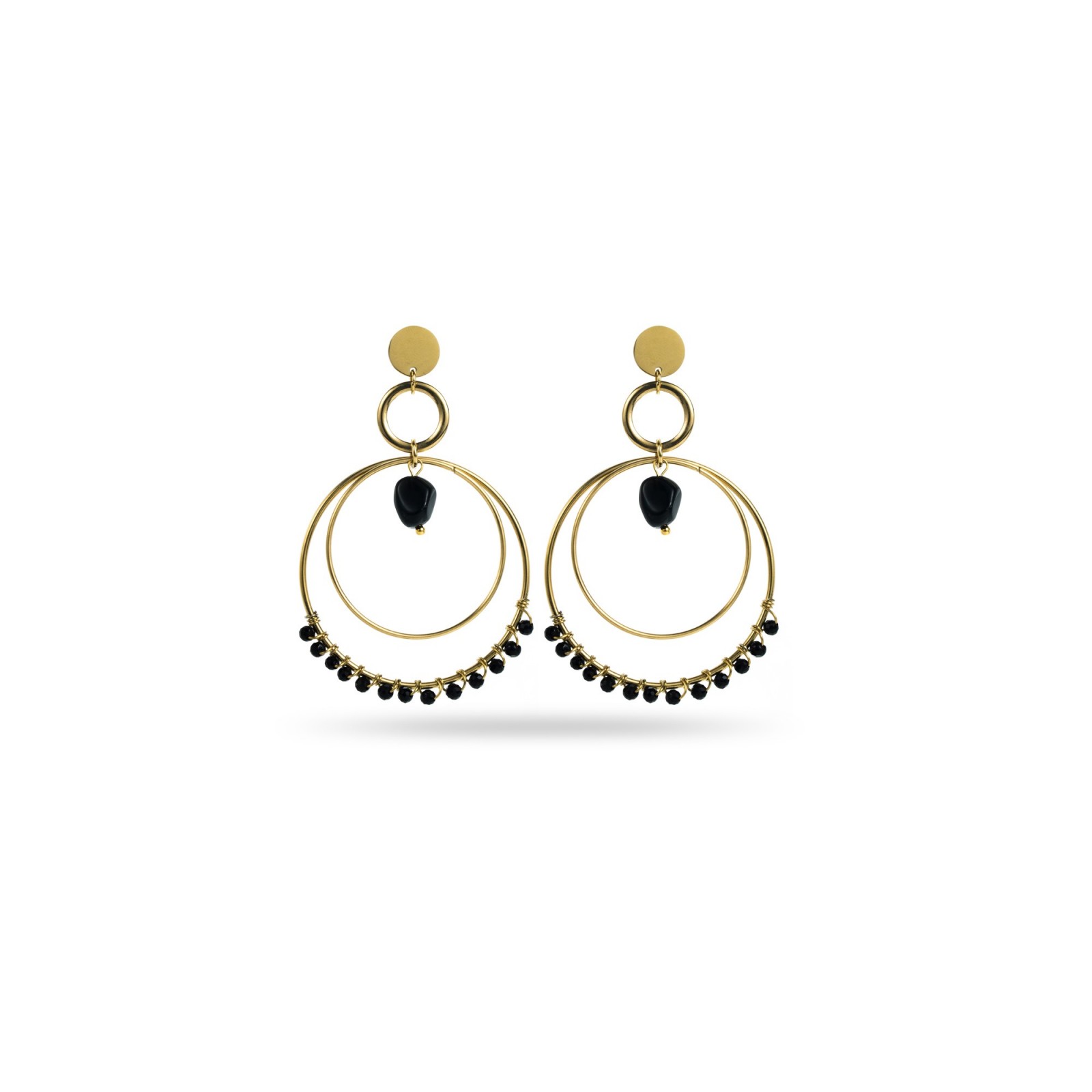 Boucles d'Oreilles Double Créoles et Mini Perles de Pierre Pierre :Onyx