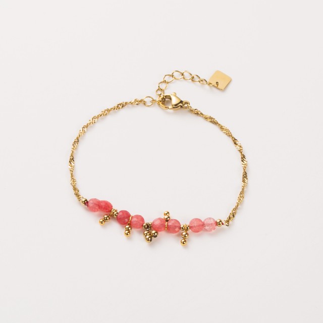 Bracelet Maille Serpent Torsadée avec Perles de Pierre et Acier Pierre :Agate Rose Fuchsia