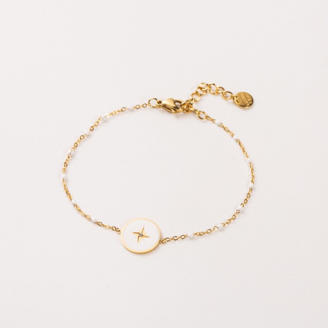 Bracelet Pendentif Médaillon Etoile Coloré avec Perles Couleur:Blanc