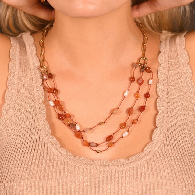 Triple-Row Stone and Mother-of-Pearl Necklace