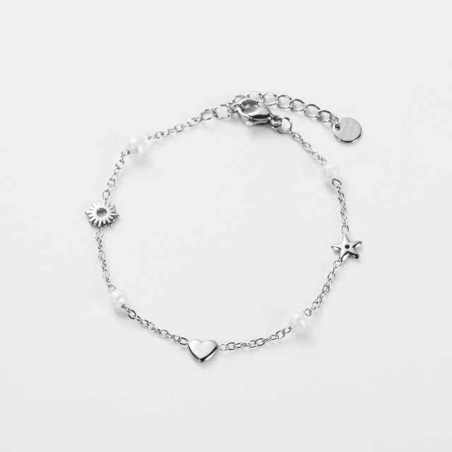 Bracelet Chaine Fine Coeur et Perles d'Eau Douce Couleur:Argent