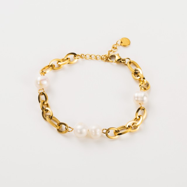 Bracelet Chaîne de Maille Large avec Perles d'Eau Douce 