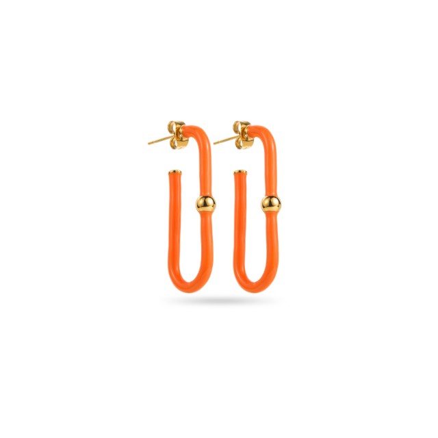 Boucles d'Oreilles Créoles Ovales Colorés avec Détail de Perle Couleur:Orange