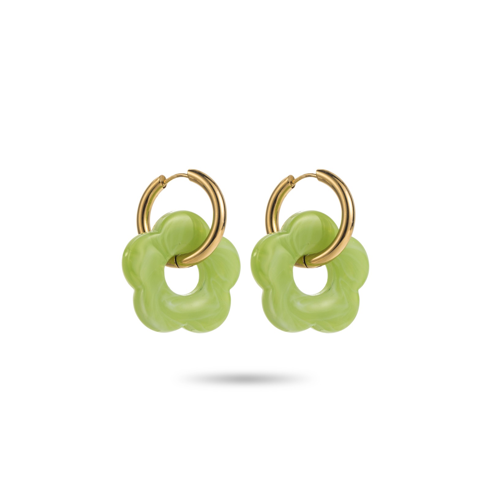 Boucles d'Oreilles Mini Créoles avec Pendentif Fleur Couleur:Vert Pomme