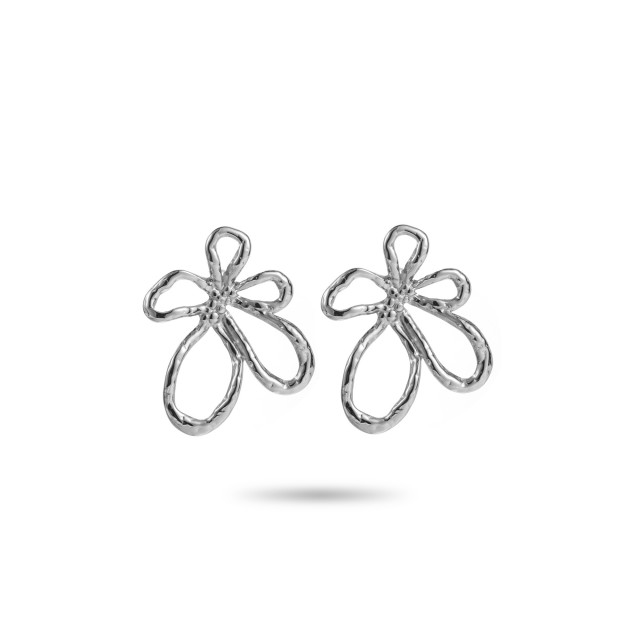 Asymmetrical Hammered Flower Earrings Color:Silver