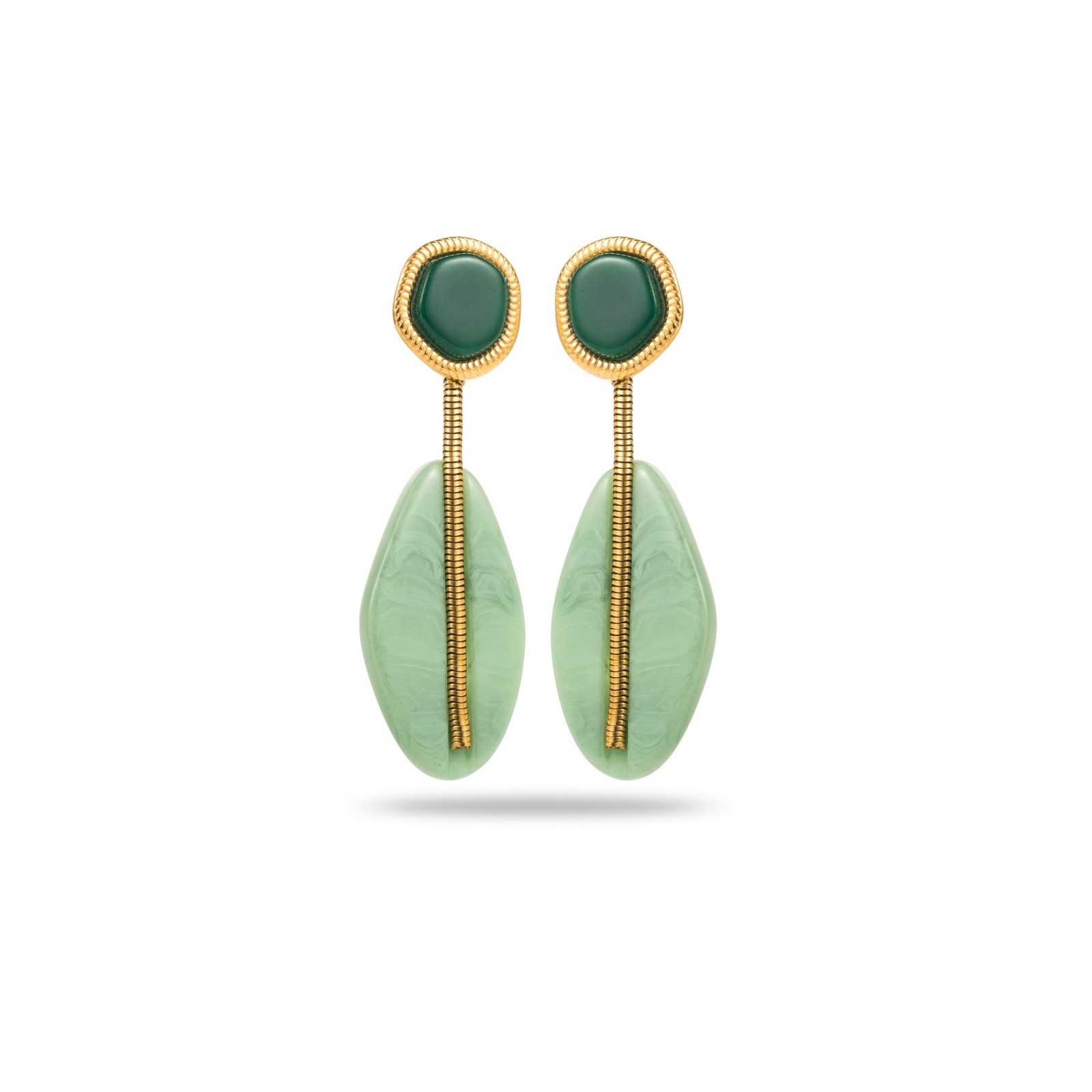 Boucles d'Oreilles Pendantes Ovale Coloré avec Détail Chaine Miroir Couleur:Vert